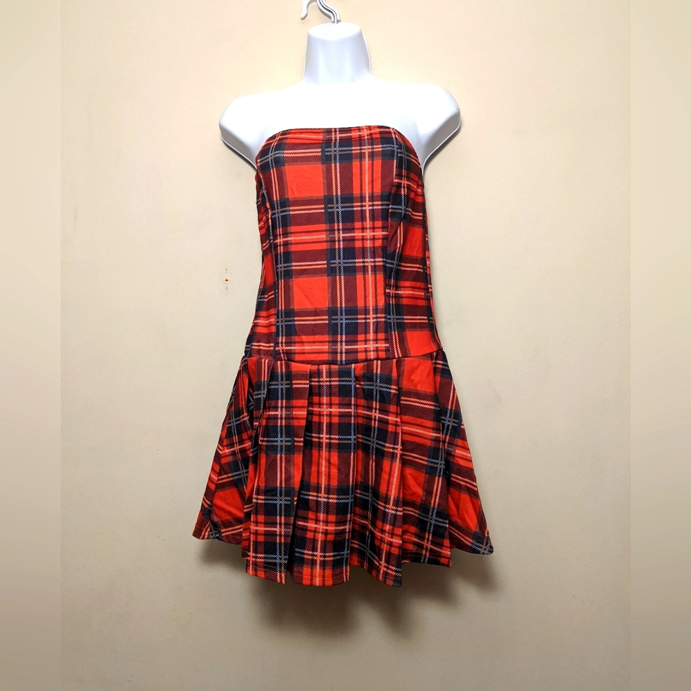 Red Plaid Strapless Mini Dress M New